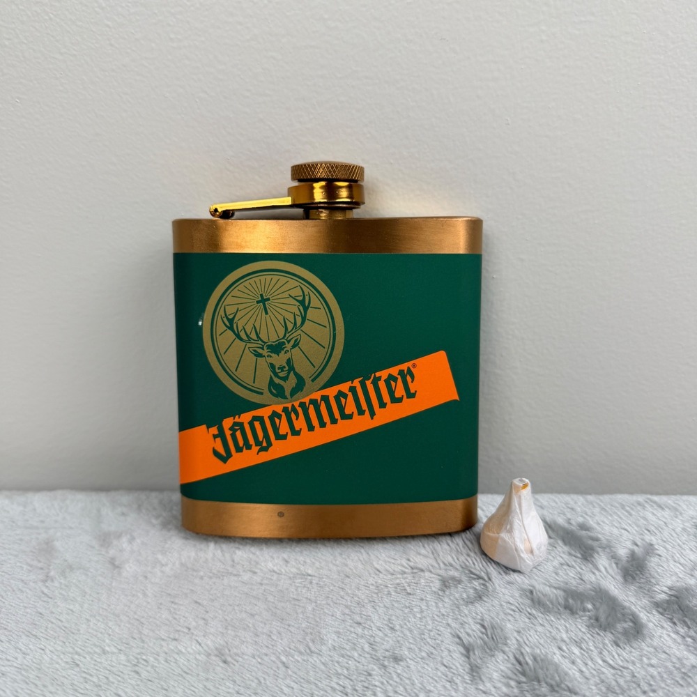 Jagermeister‎ Gold Tone and Green Stainless Steel Hip Flask with Logo and Box